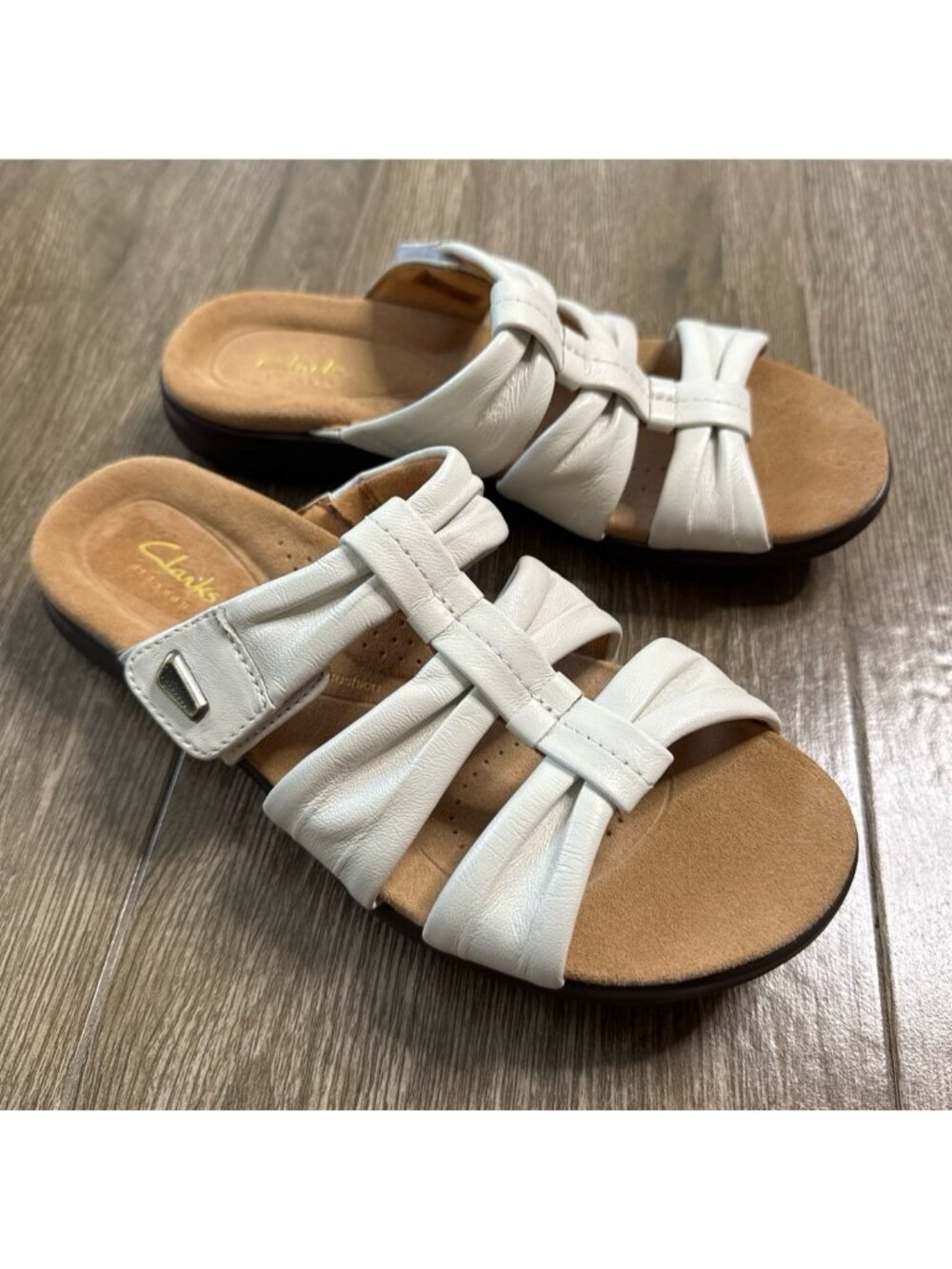 Clarks Kitly Slide Sandals White Leather Strappy Comfort Slide Sandals 8
